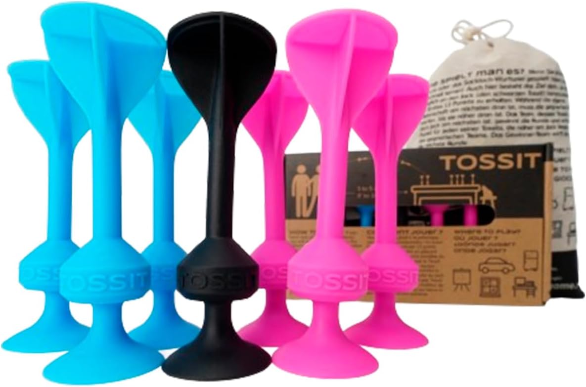 TOSSIT Game suction cup darts, indoors outdoors bowls, bocce, petanque, throwing game, powerful and durable silicone, floor or vertical surface, Pink Blue.