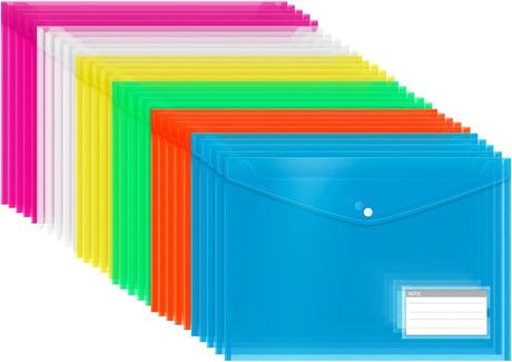 Plastic Wallets, 30 Pack A4 File Folders for Document Paperwork Clear Assorted Coloured Envelope with Label Pocket Snap Button Home School Travel Office Supplies.