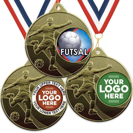 Trophy Monster Pack of 10x Metal 50mm Gold Embossed Futsal Medals & Ribbons Standard emblem or your logo FREE | Personalised | Bulk Pack Quantity Deals 50,100,250 or 500 |.