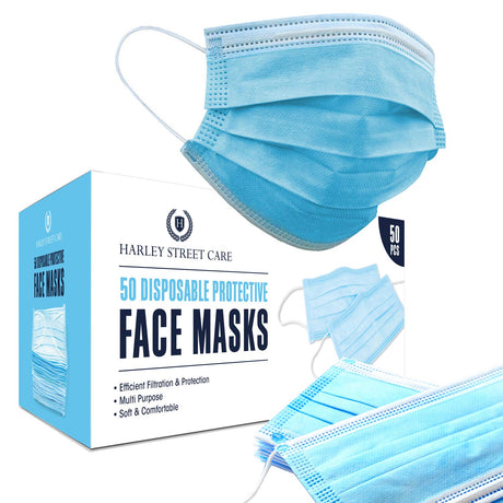 Harley Street Care Disposable Blue Face Masks Protective 3 Ply Breathable Triple Layer Mouth Cover with Elastic Earloops (Pack of 100).