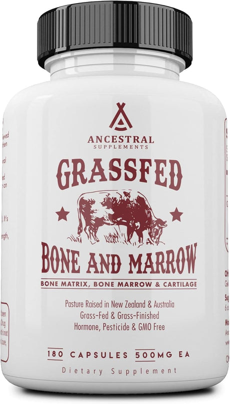 Ancestral Supplements Grass Fed Beef Bone and Marrow Supplement, Bone, Skin, Oral Health, and Joint Care Supplements Promote Whole-Body Wellness, Non-GMO Whole Bone Extract, 180 Capsules.