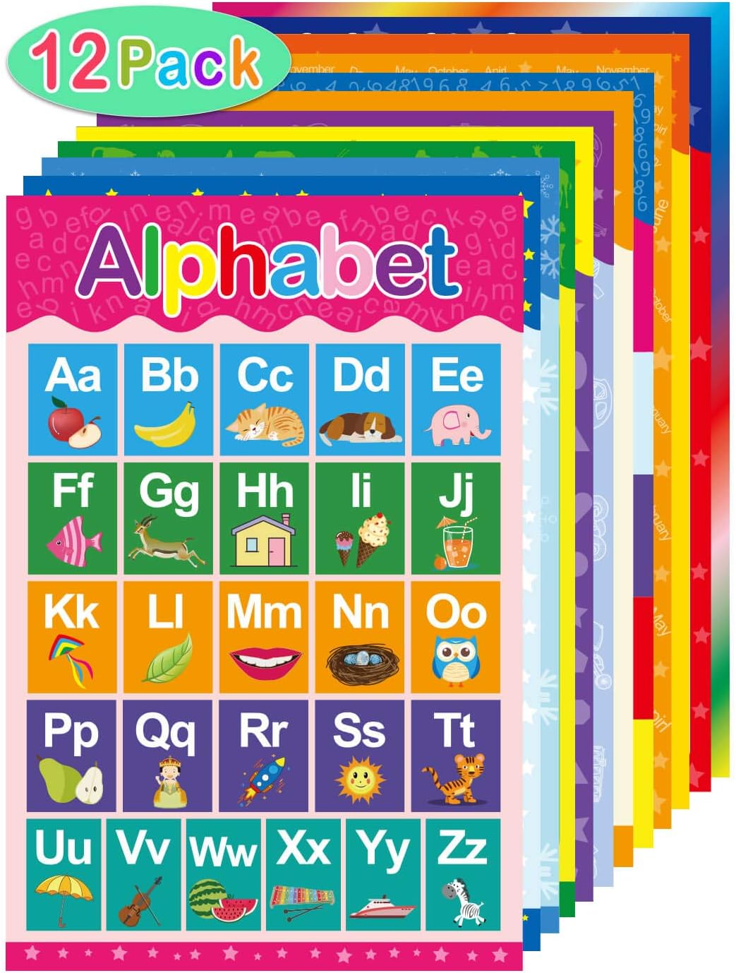 Yoklili 12 Educational Preschool Posters for Toddlers and Kids Classroom Nursery Homeschool Kindergarten Learning Alphabet Numbers Shapes Colors Days, 9 x 13.5 inches.