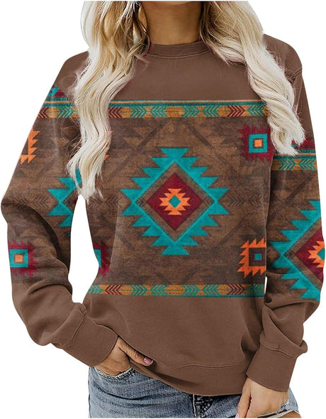 AMhomely Autumn Sweatshirt for Womens Clearance Vintage Long Sleeve Tunic Sweatshirt Teens Crewneck Pullover Jumper Aztec Printed Sportswear Tops Size 10-20 UK.