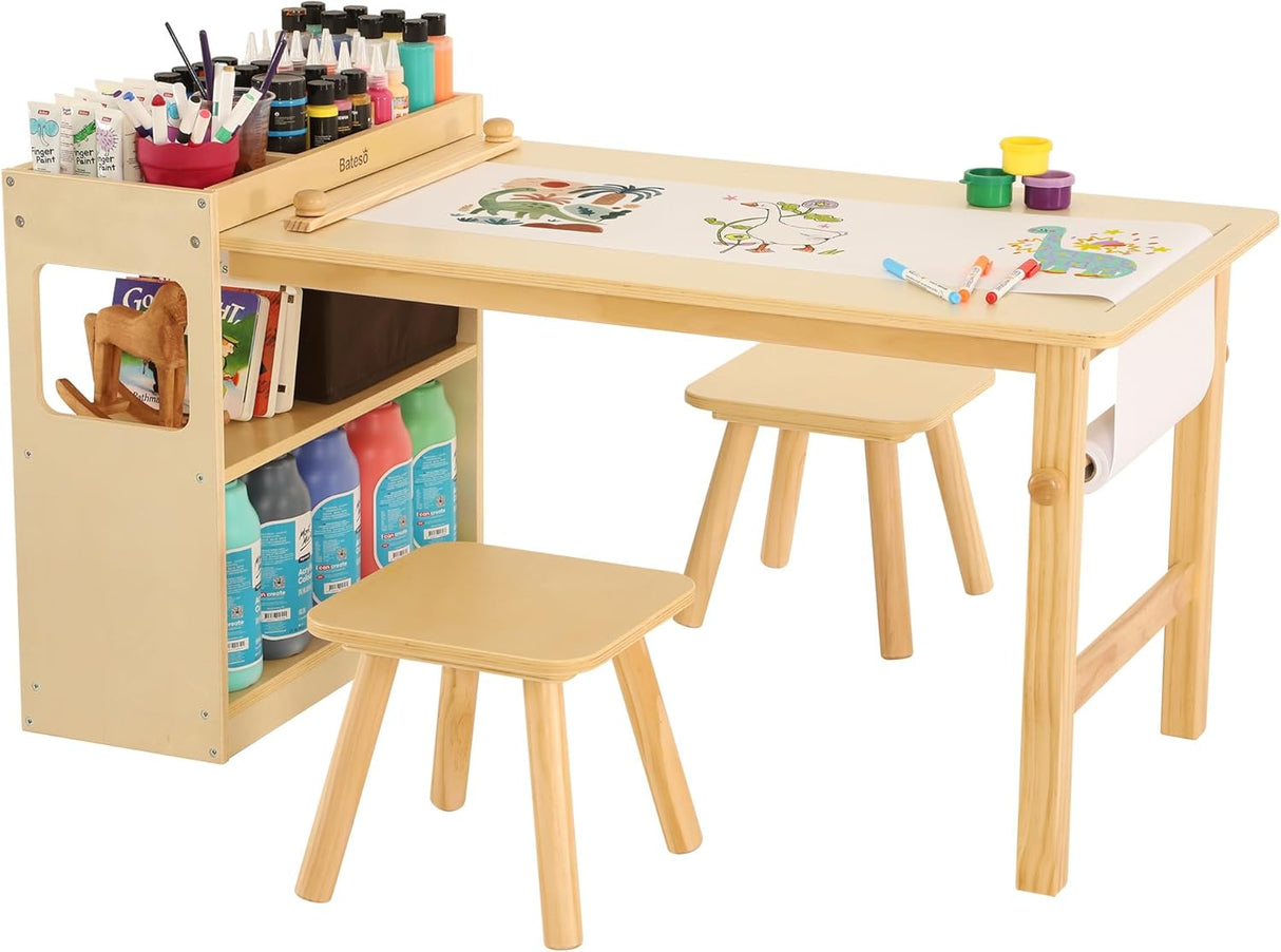 Bateso Kids Art Table and 2 Chairs, Craft Table with Large Storage Shelves, Drawing Desk, Kids Activity Table and Study Table, Activity & Crafts with Roll Paper for Children Wooden Furniture.