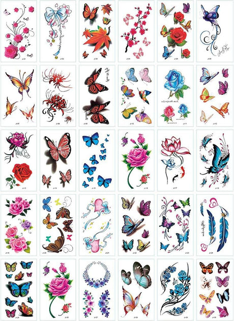 Yesallwas 30 Sheets cute Temporary Tattoo Sticker Fake Tattoos for Women Girls Models,Waterproof Long Lasting Body Art Makeup Sexy Realistic Tattoos -Butterflies, Rose, Flowers.