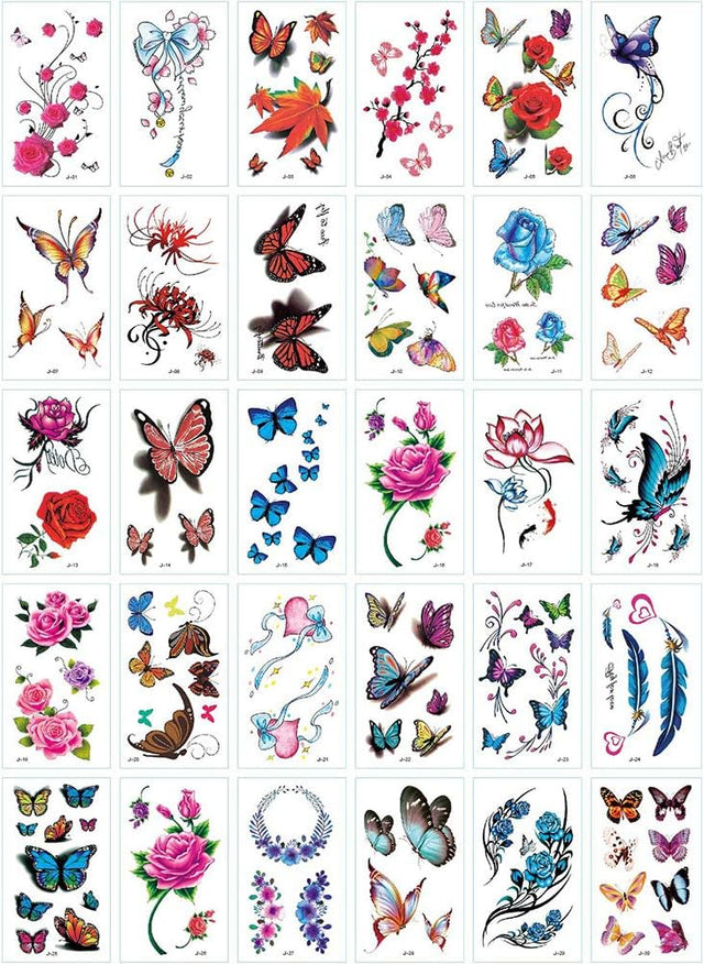 Yesallwas 30 Sheets cute Temporary Tattoo Sticker Fake Tattoos for Women Girls Models,Waterproof Long Lasting Body Art Makeup Sexy Realistic Tattoos -Butterflies, Rose, Flowers.