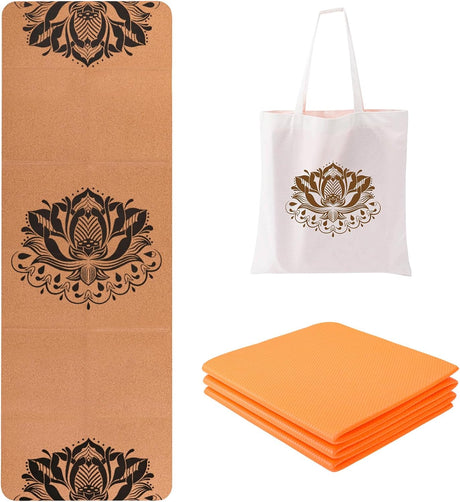 EKE Cork Folding Yoga Mat, 5mm Thickness, Standard Size, Foldable, Lightweight and Portable, Suitable for Yoga, Pilates, Fitness, Sports, Training, Comes with Canvas Carry Bag Good Gift.