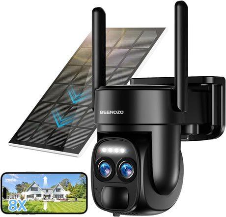 [8X Zoom] 4K Security Camera Wireless Outdoor WiFi Solar Powered 360° PTZ Surveillance Camera with Dual Lens, Solar Panel, Human Detection, Night Vision, Siren, Two-Way Audio.