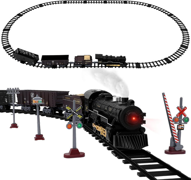 Electric Train Set for Kids, Battery-Powered Train Toy Set with Smokes, Lights & Sound Include 4 Cars and 18 Tracks, Classic Toy Train Set for 3 4 5 6 Years Old Boys Girls.