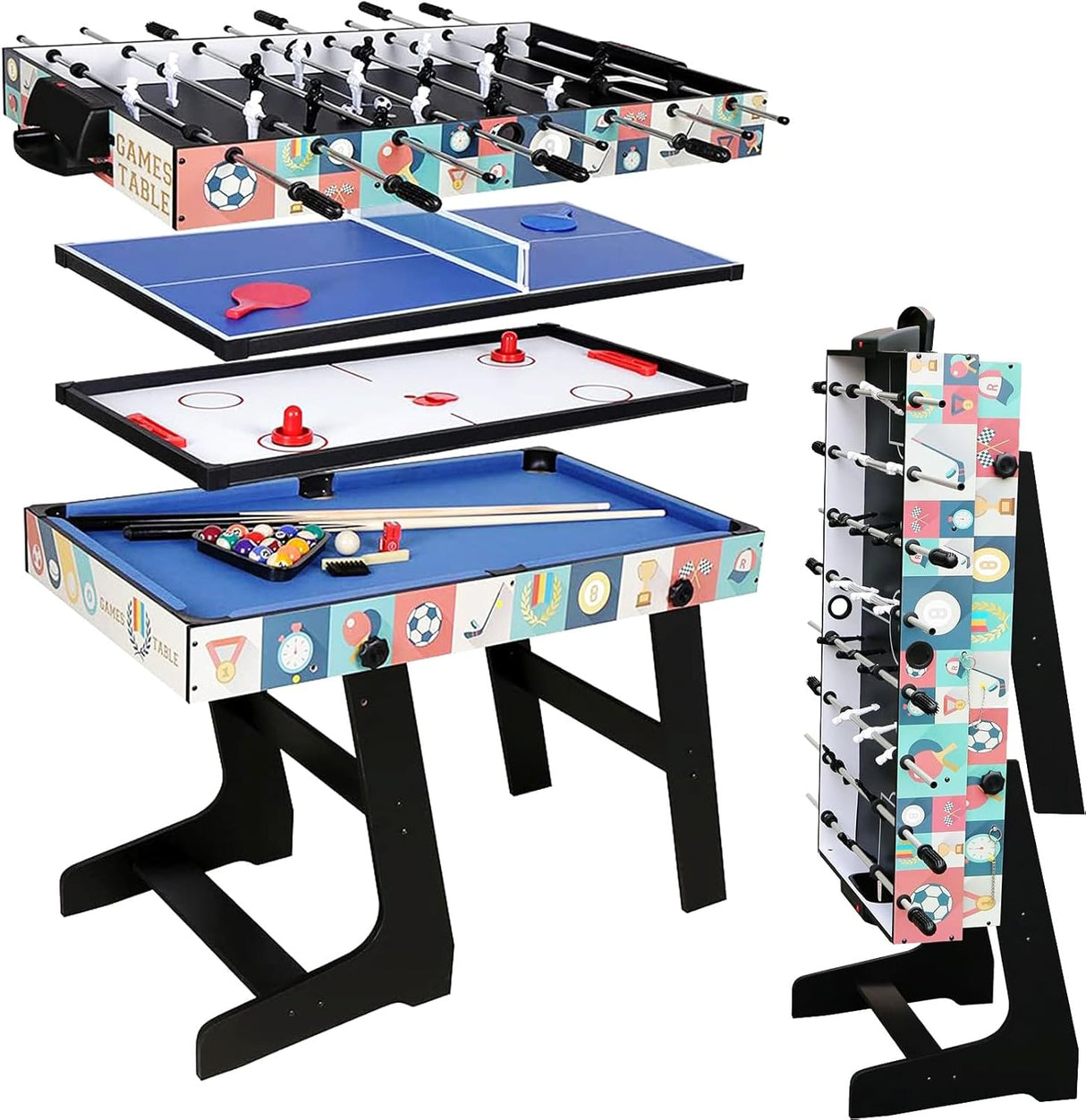 HLC 4 In 1 Multi Sport Game Combination Table Set for Kids Table Tennis Table, Pool Table, Table Football, Slide Hockey for Family Parent-child Interactive for Kids (4ft, 1.2m).