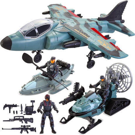 JOYIN Military Toy Set, Military Airplane Toy, Pretend Play Fighter Jet with Toy Soliders, Army Men Action Figures, Snowmobile, Kayak Boat, Army Toys for Boys Age 4-7, Kids Birthday Easter Xmas Gifts.