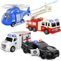 Emergency Vehicle Playset, 4 Pack 1:20 Ambulance Toys Friction Powered Vehicles with Light and Sound, Fire Truck, Ambulance Car, Play Police Car and Toy Helicopter, Kids Toys for Boys 2 3 4 5 6 Gift.