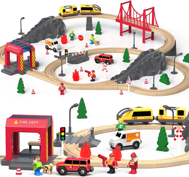 Giant bean Wooden Train Set 72 PCS, Wooden Train Tracks & Train Toys, Toddler Model Train Set, Toy Railway Kit for Kids Age 3 4 5 Year Old,Gift for Boys and Girls (Fire Station Theme).