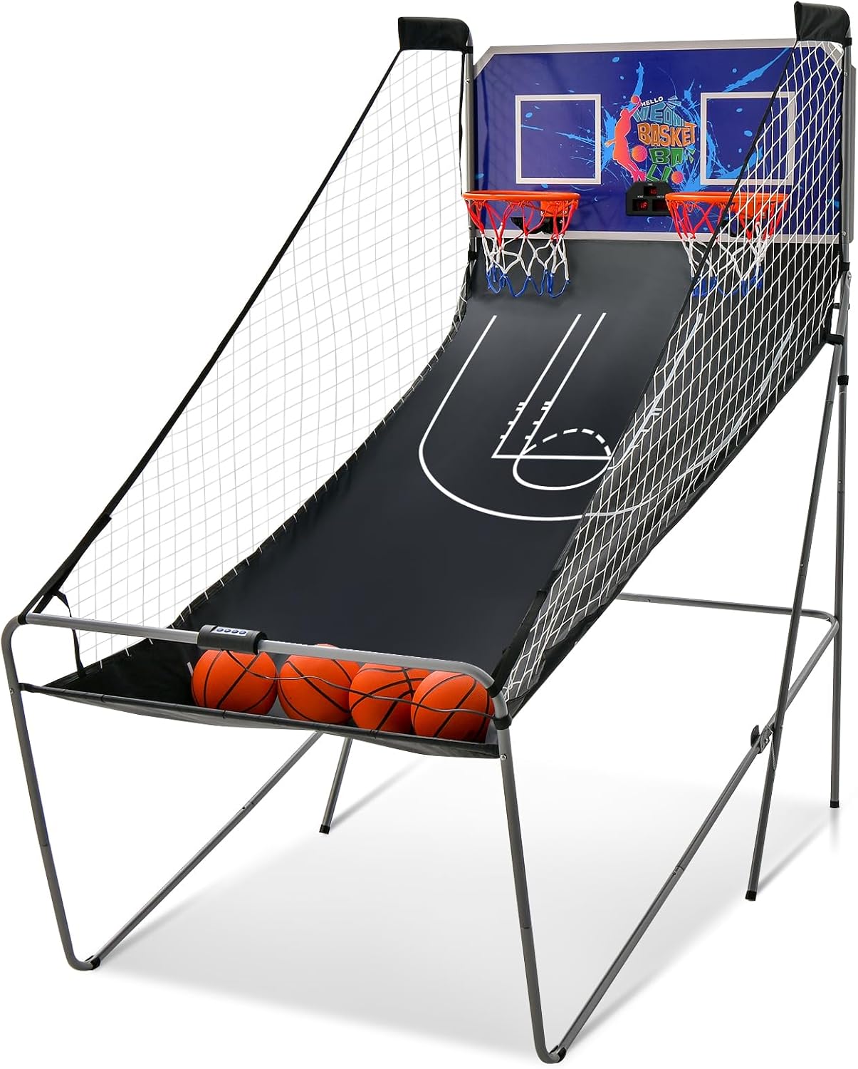 COSTWAY Foldable Basketball Arcade Game, Dual Shot Electronic Basketball Game with 8 Modes, 4 Balls and LCD Scoreboard, Indoor Basketball Hoop for Kids, Adults (Black).