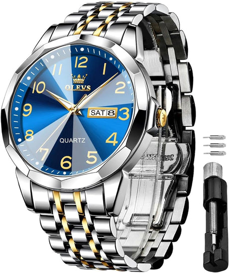 OLEVS Watches for Men Stainless Steel Analog Quartz Waterproof Luminous Luxury Dress Date Diamond Business Casual Mens Wrist Watch（Gold/Blue/Black/White Dial）.