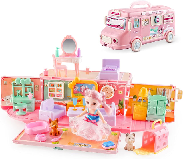 deAO Dollhouse Playset Portable House Toy for Kids 2 in 1 Playhouse Set 32pcs Accessories with Furniture & Figures Pink Caravan Camper Bus Pretend Playhouse Birthday Gifts for Kids.