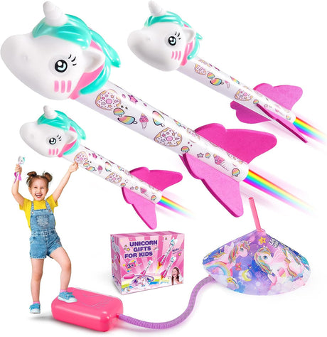 DejaNard Unicorn Gifts for Girls, Unicorn Toy Rockets Garden Toys for 3-10 Year Olds Boys Girls Outdoor Toys Rocket Toy Launcher for Kids.