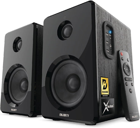 MAJORITY D40 | Active Bluetooth Bookshelf Speakers | Amplified HiFi Speakers with 60W 2.0 Channel 4" Drivers | Powered Studio Speakers with Optical, RCA, USB & AUX Input | Remote Control Included.