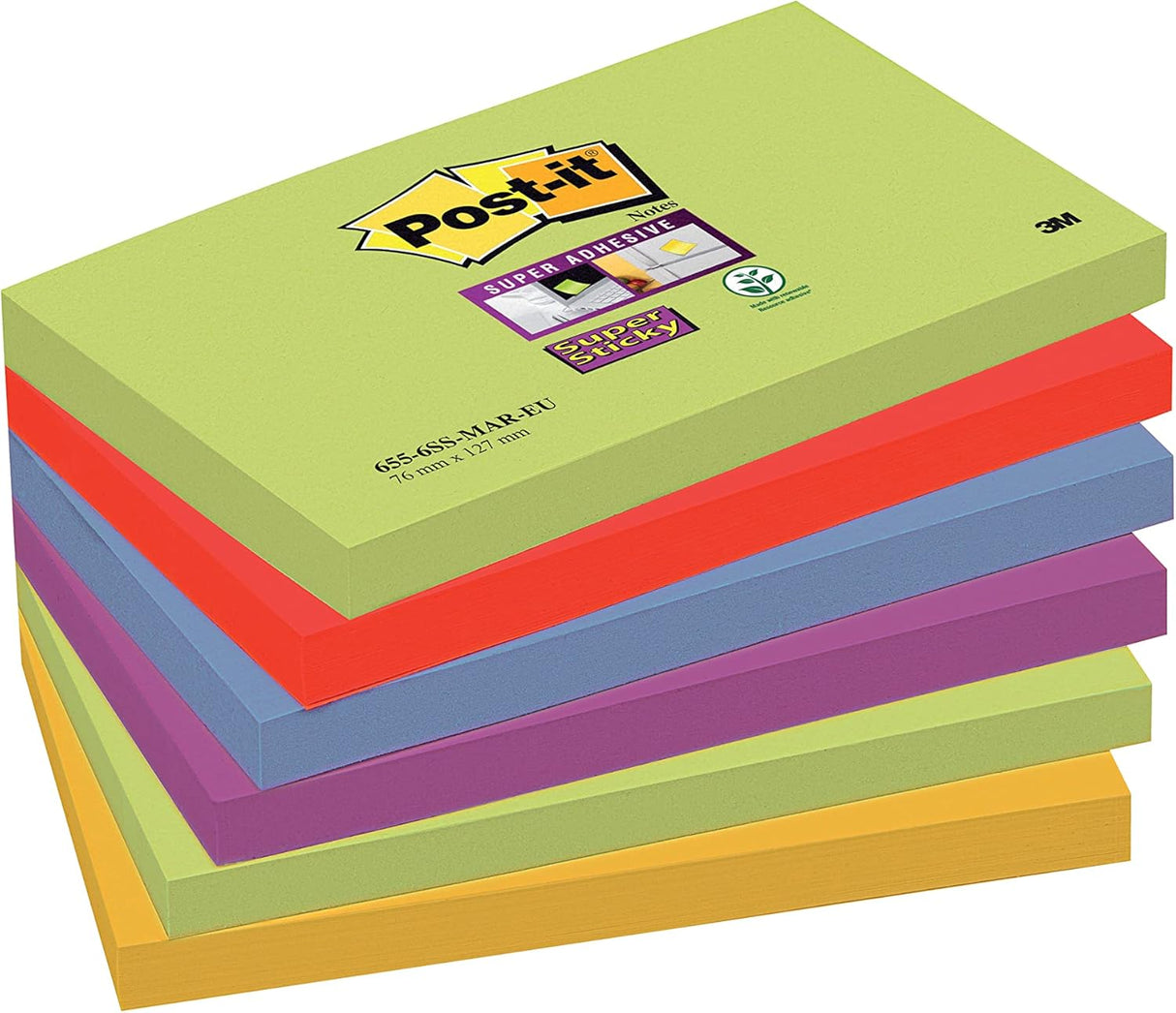 Post-it Super Sticky Notes, School and Office Supplies, Extra Sticking Notes for Boards, Monitors & Walls, 6 Pads in Pastel Colours, 540 Total Sheets, 76 mm x 127 mm