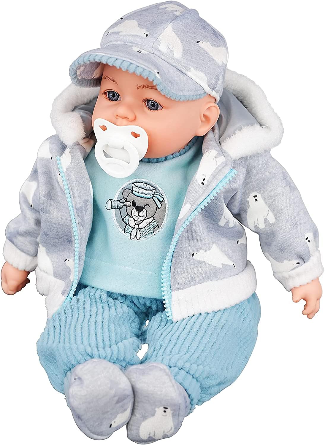 Bibi Doll - 18" Lifelike Large Soft Bodied Baby Doll With Dummy & Sounds Girls Boys Toy (Grey with Cap).