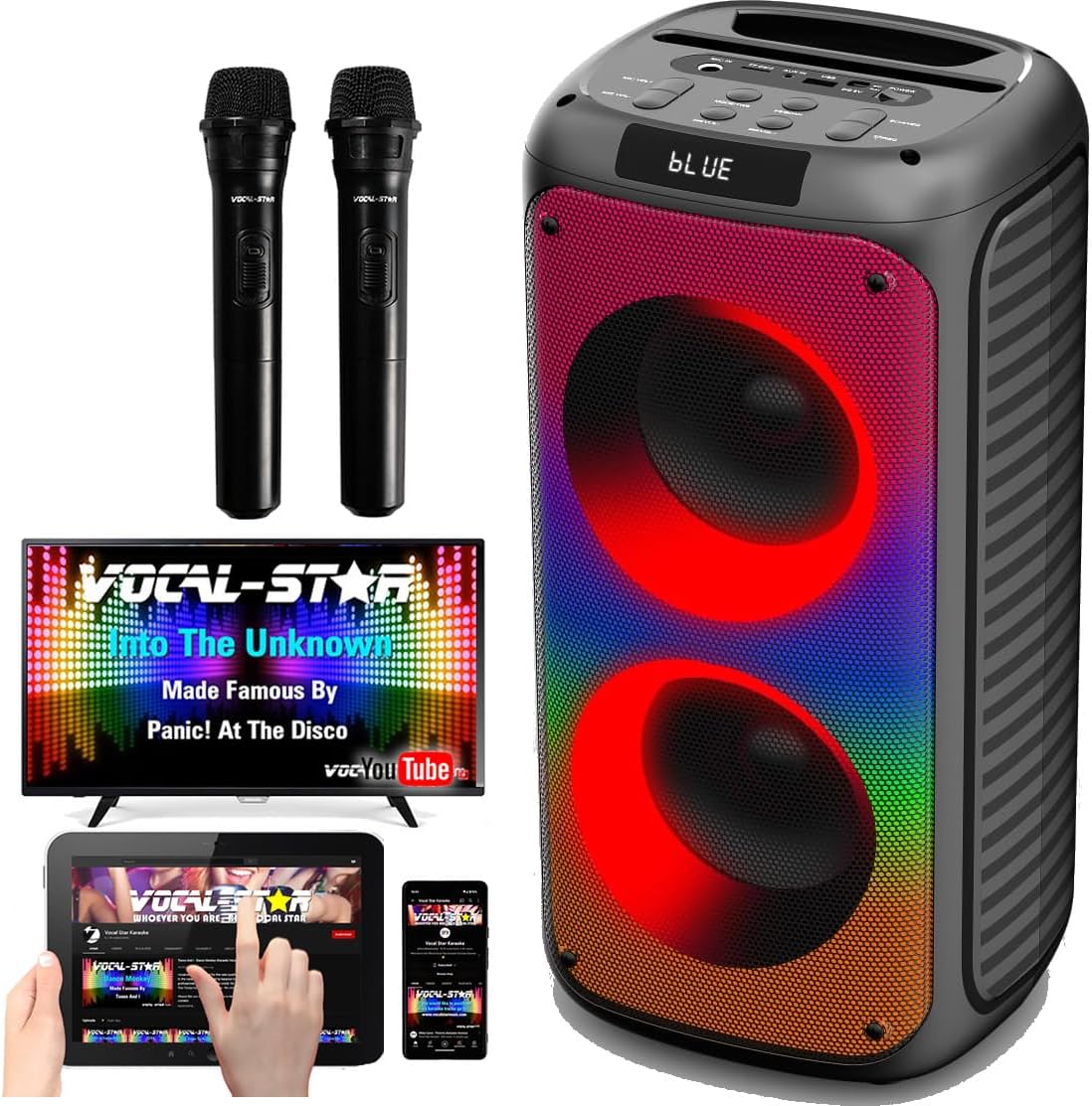 Vocal-Star Portable Karaoke Machine With Bluetooth, 2 Microphones, 100w Speaker, 6 Dazzling LED Full Speaker Lights Effects, Records Vocals, TWS, AUX, Rechargeable.