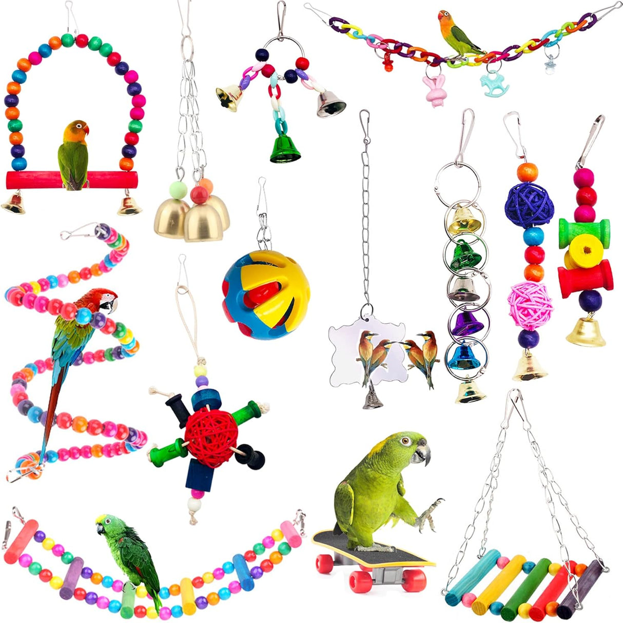 BIPY 14 PCS Bird Parrot Toys Cage Hanging Bell Ball Hammock Swing Ladder Toy Pet Bird Mirror Scooter Chewing Perches Wooden Toys for Parrots Parakeets Birds Finches Random Color.