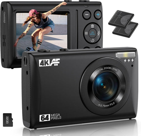 Digital Camera 4K for Budding Photographers Teens Kids, 64MP Point and Shoot Digital Camera Compact Small Camera for Boys Girls Kids, Mini Small Vlogging Camera with 32G SD Card, 2 Batteries.