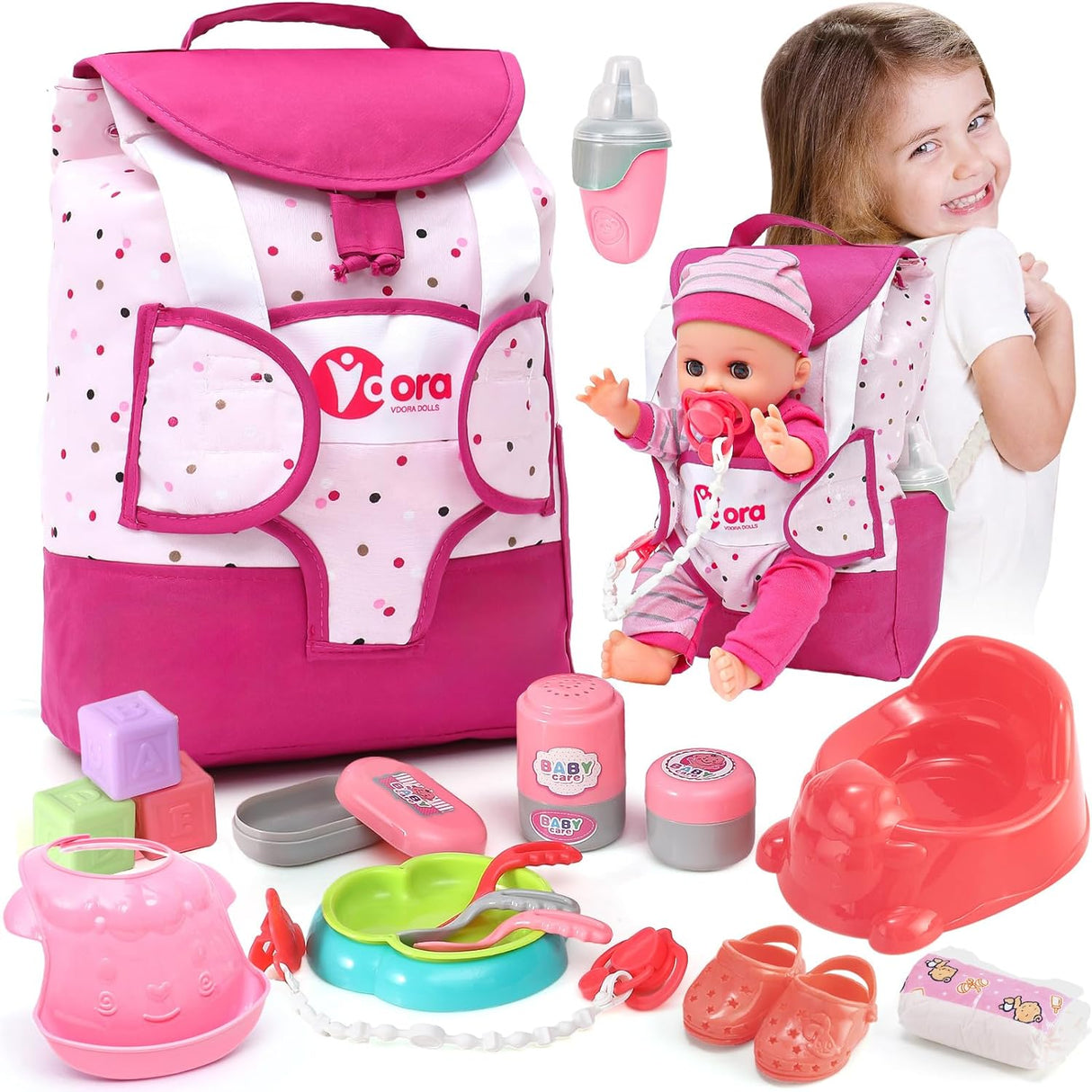 Toyssa Baby Doll Accessories Playset, Baby Doll Toys with Changing Bag Backpack Feeding Set Baby Doll Nappies Bottle Bath, Pretend Play Doll Care Set Gifts Toys for Kids Girls (Baby Doll Not Included).