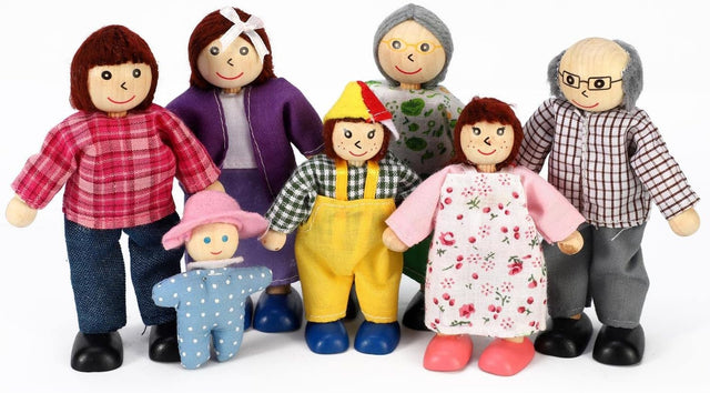 SOKA Set of 7 Happy Family Set Wooden Figures Dolls Play Set Accessories for Dollhouse Pretend Role Play Toy Set Children Kids Girls Boys 3 year old +.