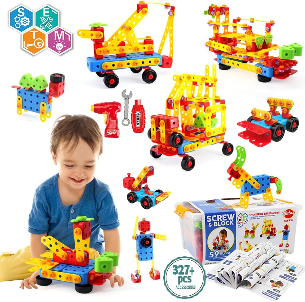 VATOS Building Construction Toys Set for Boys 327 Pcs - STEM Engineering Screw & Drills Block Bricks, Toys for Boys Ages 3 4 5 6-10 Year Old, Creative Toy Gift for Kids Toddlers.