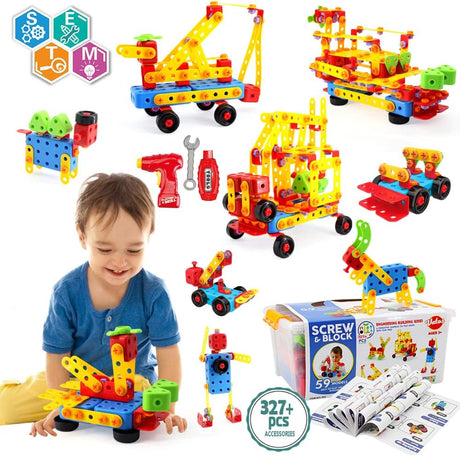 VATOS Building Construction Toys Set for Boys 327 Pcs - STEM Engineering Screw & Drills Block Bricks, Toys for Boys Ages 3 4 5 6-10 Year Old, Creative Toy Gift for Kids Toddlers.