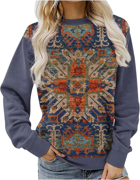 AMhomely Autumn Sweatshirt for Womens Clearance Vintage Long Sleeve Tunic Sweatshirt Teens Crewneck Pullover Jumper Aztec Printed Sportswear Tops Size 10-20 UK.