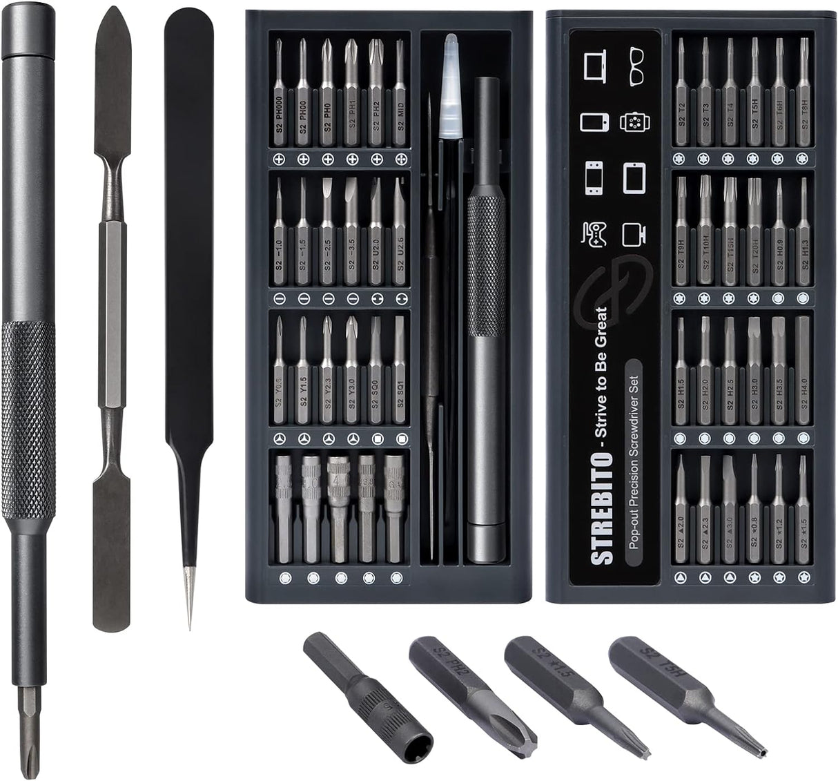 STREBITO Mini Screwdriver Set 50 in 1 Precision Screwdriver Set, Electronics Tool Kit Screwdriver Kit - Computer, iPhone, Macbook, PS4, PS5, Controller, Glasses Repair Kit, S2 Multi Bit Driver.