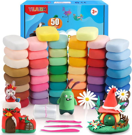 YILAIDA Air Dry Clay, 50 Colors Modeling Clay Ultra Light Non-Toxic Magic Air Drying Clay with Modeling Tools, Accessories and Booklet Art Craft Gift to Kids and Beginner.