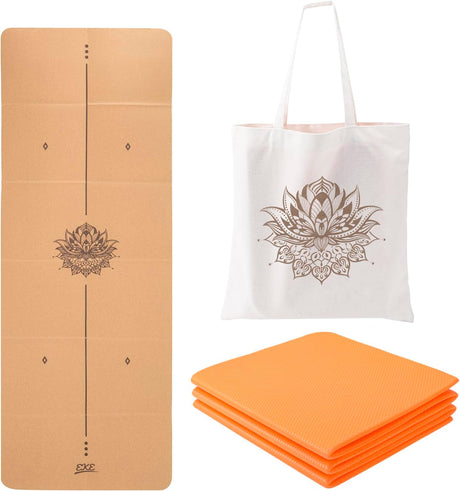 EKE Cork Folding Yoga Mat, 5mm Thickness, Standard Size, Foldable, Lightweight and Portable, Suitable for Yoga, Pilates, Fitness, Sports, Training, Comes with Canvas Carry Bag Good Gift.