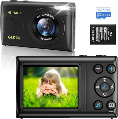 4K Kids Compact Digital Camera: 64MP Camera with 32GB TF Card 18X Digital Zoom, Auto-Focus Point and Shoot Camera for Girls Boys Christmas Birthday Gift (Black).