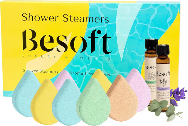 Besoft Shower Steamers Aromatherapy Set - 8 Shower Bombs with 2 Lavender and Eucalyptus Essential Oils | Gifts for her and Relaxation Gift for Woman | Gift Set.