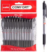 Cello Ballpoint Pen Black Pens Comfort Grip Ball Pens Medium Point Biros,Retractable Ballpoint Pens (1.0MM) Black Pen, Pack of 12 | ideal for office, Home, and School Stationary supplies.