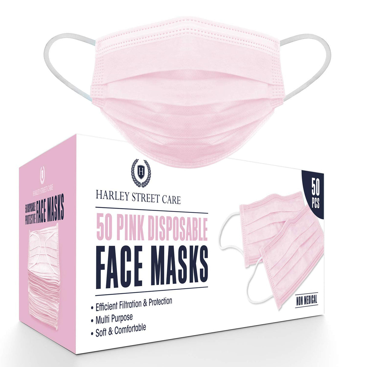 H HARLEY STREET CARE Disposable Pink Face Masks Protective 3 Ply Breathable Triple Layer Mouth Cover with Elastic Earloops (Pack of 50).