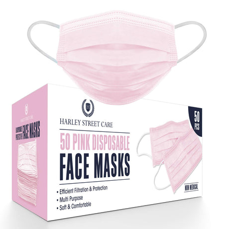 H HARLEY STREET CARE Disposable Pink Face Masks Protective 3 Ply Breathable Triple Layer Mouth Cover with Elastic Earloops (Pack of 50).