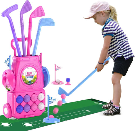 QDRAGON Kids Golf Clubs, Toddler Golf Set With 8 Balls, Putting Mat, 4 Golf Sticks, 2 Practice Holes And Golf Cart With Wheels, Indoor Outdoor Sport Toys Gift For Girls Ages 2 3 4 5+, Pink.