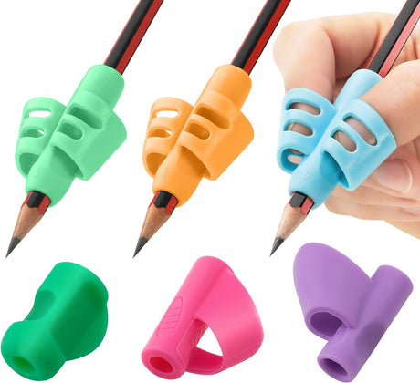 Stylo 6 Pack Pencil Grips for Children Handwriting, Multi-Color Designs, Assorted - For Left and Right Handed Children - Comfortable Writing Aid for Improving Handwriting (Multicolored).