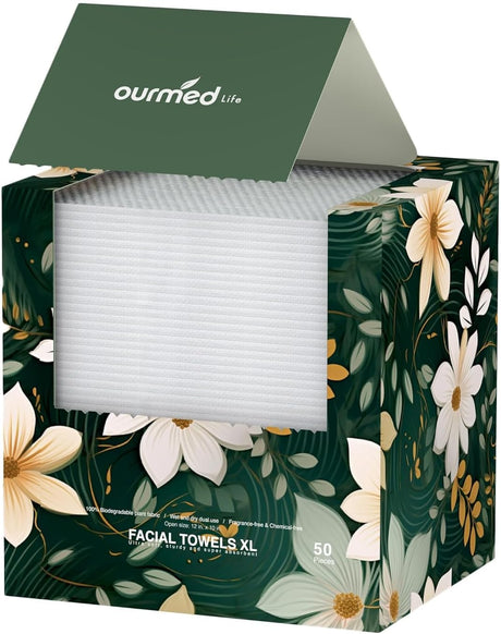 Ourmed Life Disposable Face Towel | Lint-Free Biodegradable Clean Towels | Dry Makeup Remover Wipes | Super Soft & Thick for Sensitive Skin | 10-Inch X 10-Inch Large Size | 60 Count, Dot Pattern.