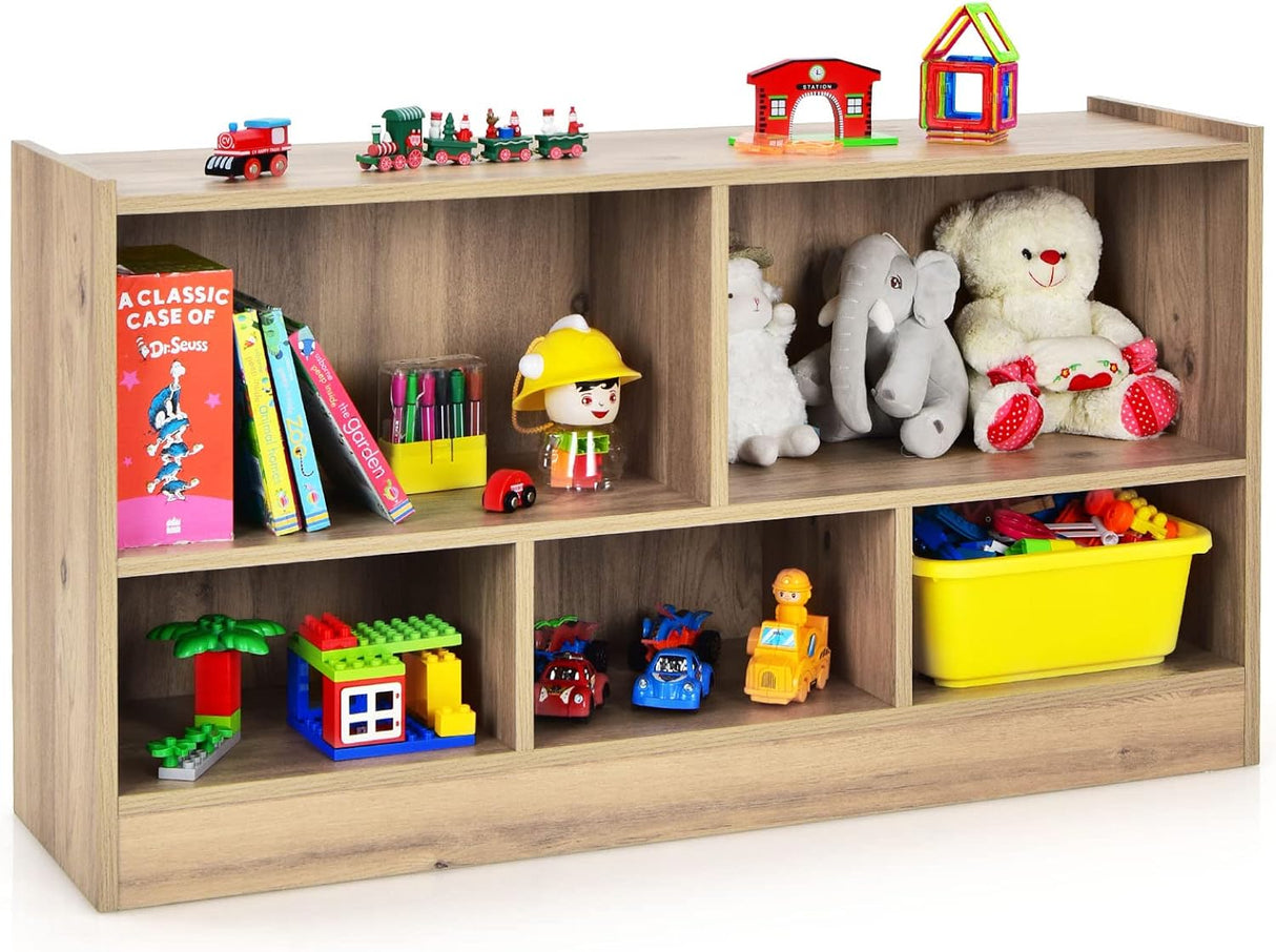 GYMAX Kids Storage Shelf Unit, 5-Cubby Wooden Children Bookcase, Toy Storage Organizer for Playroom Bedroom (Natural).