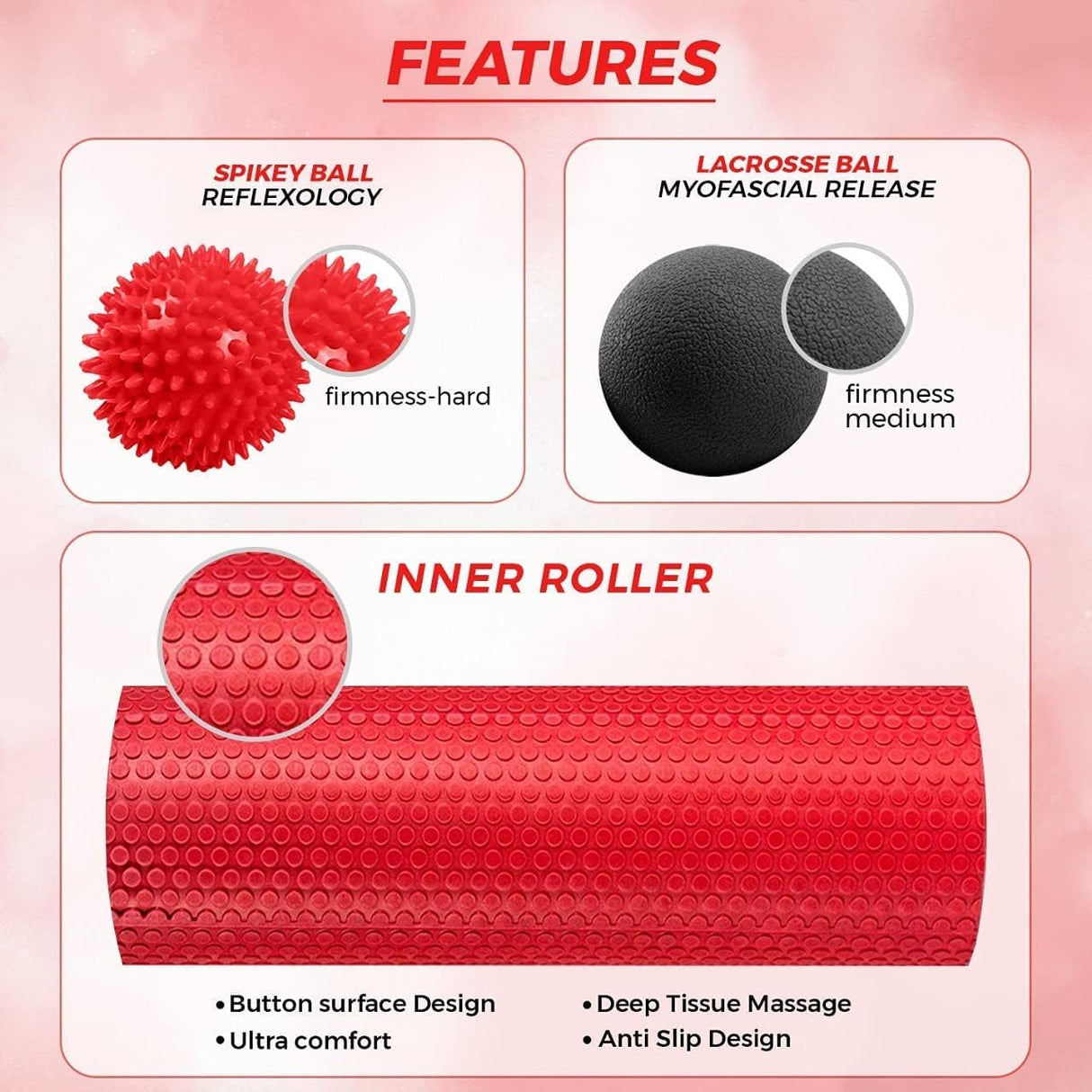 Foam Roller Set – Fitness Foam Rollers for Deep Tissue Massage – 5-in-1 Muscle Foam Roller Set includes 2 Foam rollers, Spikey ball lacrosse Ball and 4 resistance bands.