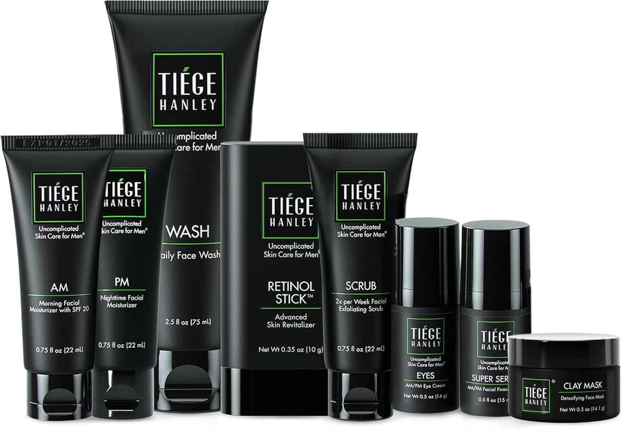 Tiege Hanley Men’s Skin Care System - Level 3 | Mens Anti Aging Routine Product Set: Face Wash, Serum, Day & Night Moisturizer, Exfoliating Scrub & Eye Cream | Tighten & Hydrate Your Best Looking Skin.