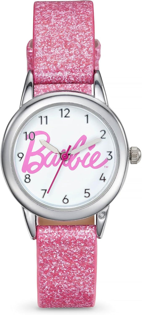 Barbie Script Logo Watch with Pink Glitter Strap.