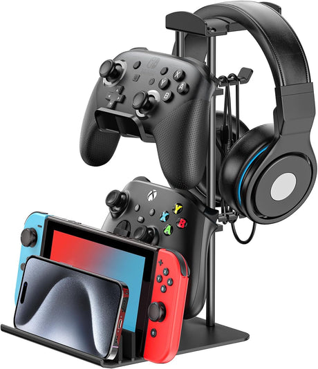 KDD Headphone Stand, Game Controller Holder & Headset Holder for Desk, Earphone Stand with Aluminum Supporting Bar, Universal Storage Organizer Headphones/Controller/Switch/iPad/Mobile Phone.