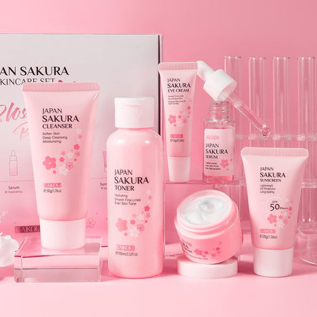 LAIKOU Japan Sakura Skincare Set, Luxury Facial Kit for Women Teenage Girls, Moisturizing & Anti Aging Skincare Gift Set - Cleanser, Toner, Lotion, Serum, Eye Cream, Face Cream, Makeup Primer, 7pcs.