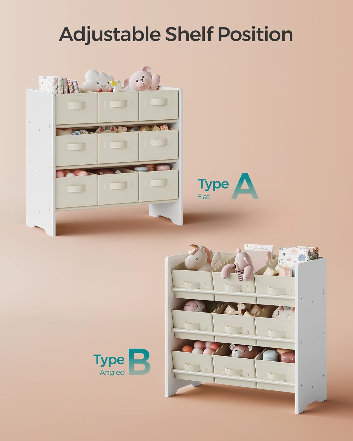 SONGMICS Toy Organiser, Kid Toy Shelf with 9 Non-Woven Fabric Boxes, for Children's Room and Playroom, Spacious, 29.5 x 62.5 x 60 cm, Cloud White GKR033W10.